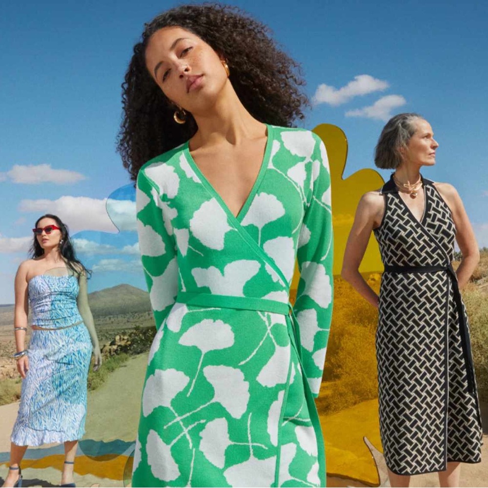 Diane Von Furstenberg Green and White Long Sleeve Wrap Sundress